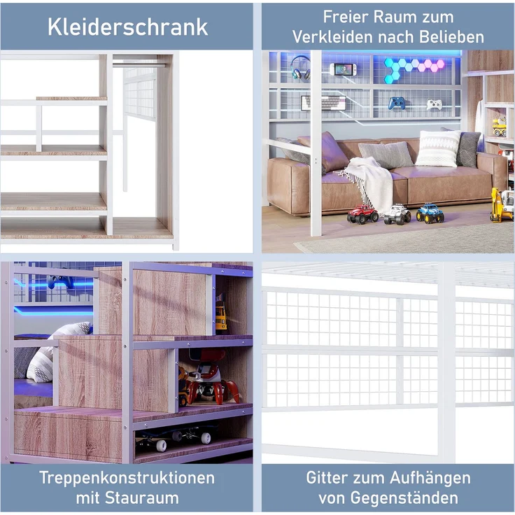 EINHOM Hochbett, 140 x 200 cm, Eisenrahmen, Kleiderschrank, Stauraumleiter, Gitter zum Aufhängen von Gegenständen, Freifläche unter dem Bett, 7-farbige LED-Leuchten, Weiß (Ohne Matratze) – Bild 5