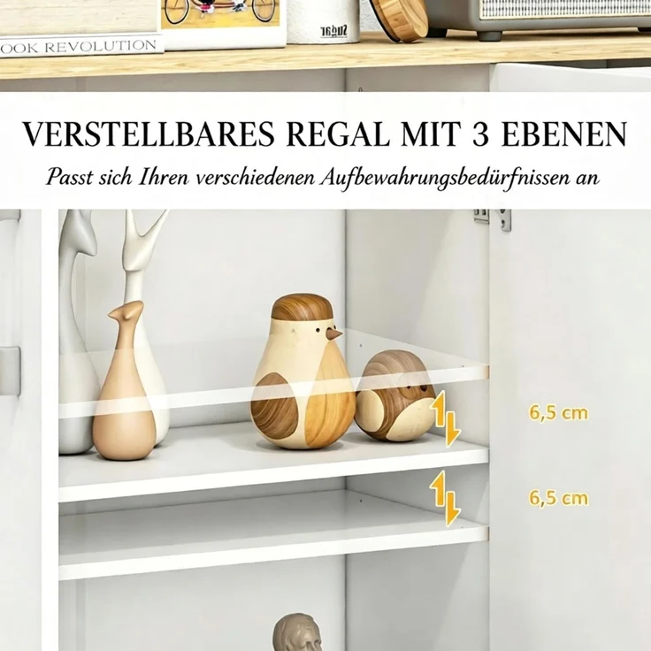 DESVIAE Sideboard Weiß/Natur aus Spanplatte – 90x75,5x30 cm – 2 Schubladen, verstellbarer Einlegeboden – Bild 5