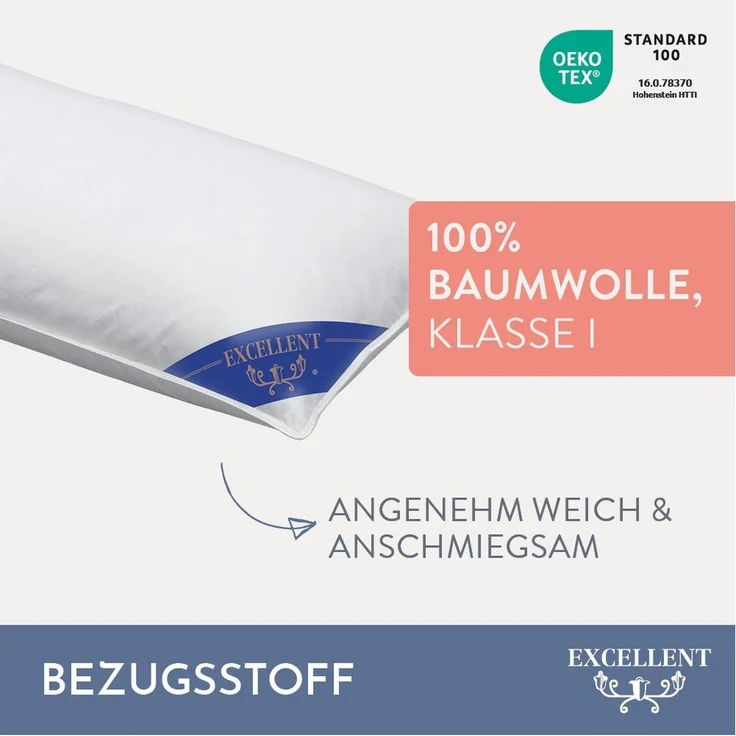 Excellent 3-Kammer-Kopfkissen Venedig, 1-tlg. oder 2 tlg. Hergestellt in Deutschland!, Füllung: weiße neue Daunen und Federn, Klasse I, 60% Daunen / 40% Federn (Außen), weiße neue Federn, Klasse I, 100% Federn (Innen), Bezug: feiner Daunen-Batist, 100%... – Bild 2
