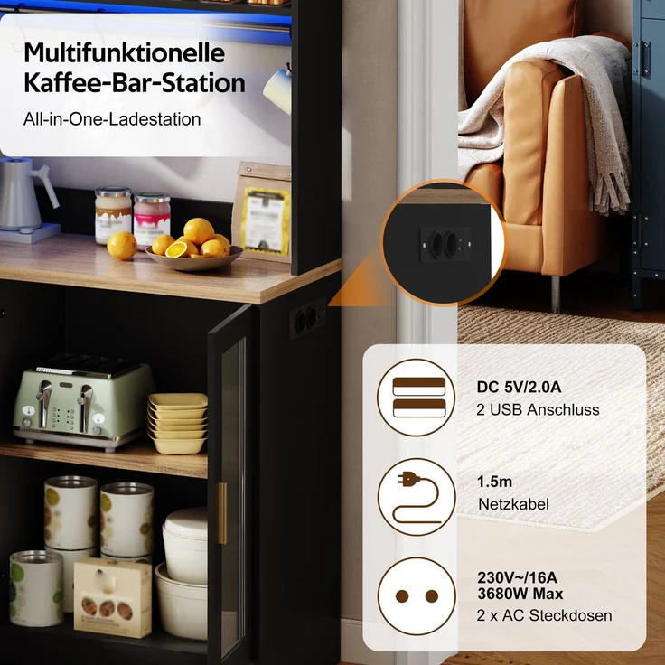 178 cm Küchenschrank, Hochschrank mit LED, Küchenregal mit Steckdose, Vitrine mit Türen aus gehärtetem Glas, Weinregal, Schwarz mit Holzoptik verstärkter Arbeitsplatte--Schwarz--110x40x178cm--YOUDENOVA – Bild 8