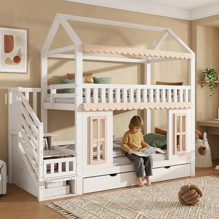 ZUBALIYA Etagenbett, Kinderbett, Hausform, Seitlicher Stauraumschrank mit Leiter, 2 Schubladen, Dekorative Holzfenster und Zierleisten, Kiefer+MDF, Weiß+Natur, 90x200 cm, Natur / Weiß