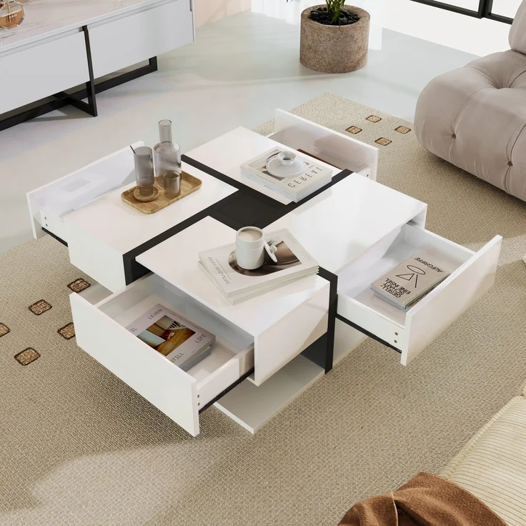 Quadratischer Couchtisch Hochglanz Weiß Schwarz mit 4 Schubladen Wohnzimmer Tisch Ablage Modern Design – Bild 1