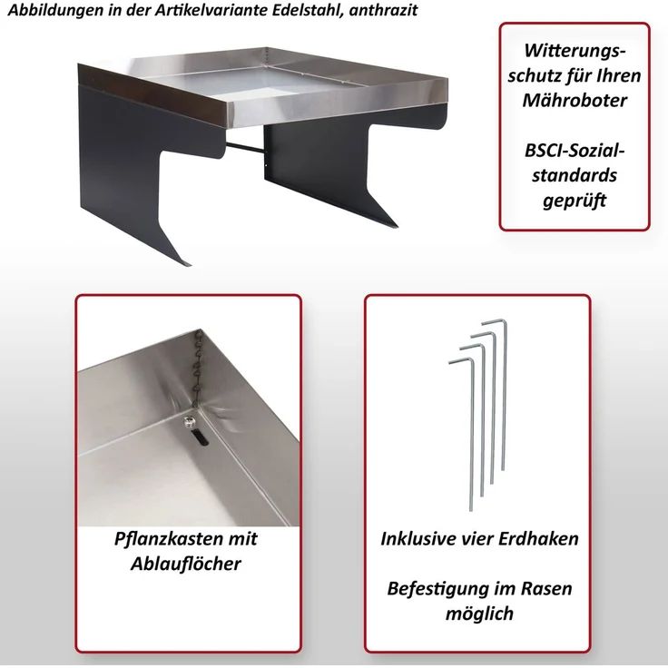 Mendler 'HWC-G60 XL' Mähroboter-Garage mit Pflanzkasten, Metall, 47 x 70 x 100 cm, Silber – Bild 2
