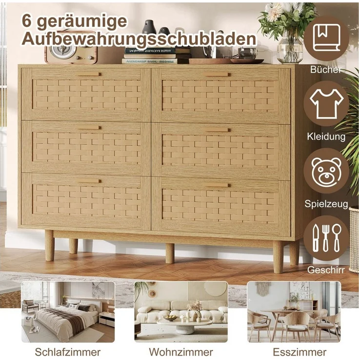 PXloue Sideboard Rattankommode, Kommode mit Schiebetüren mit 6 Schubladen, Schlafzimmerschrank mit viel Stauraum, 115 ×80 ×40 cm – Bild 3