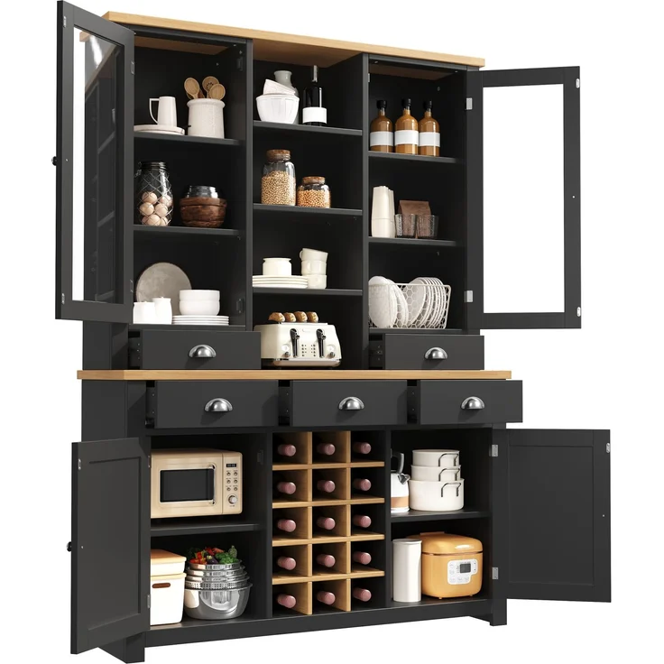 Merax Mehrzweck-Hochschrank für Zuhause mit Kippschutz, Standschrank für Küche und Wohnzimmer mit Glastür, Metallgriffen und Soft-Close-Funktion, herausnehmbares Weinregal, Schwarz – Bild 10