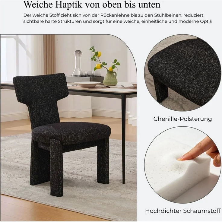 SeedWave Esszimmerstuhl 2er-Set Polsterstühle mit T-Rückenlehne und Chenillebezug (2er Set), Küchenstühle mit Holzrahmen und offenem Design ohne Armlehnen – Bild 3