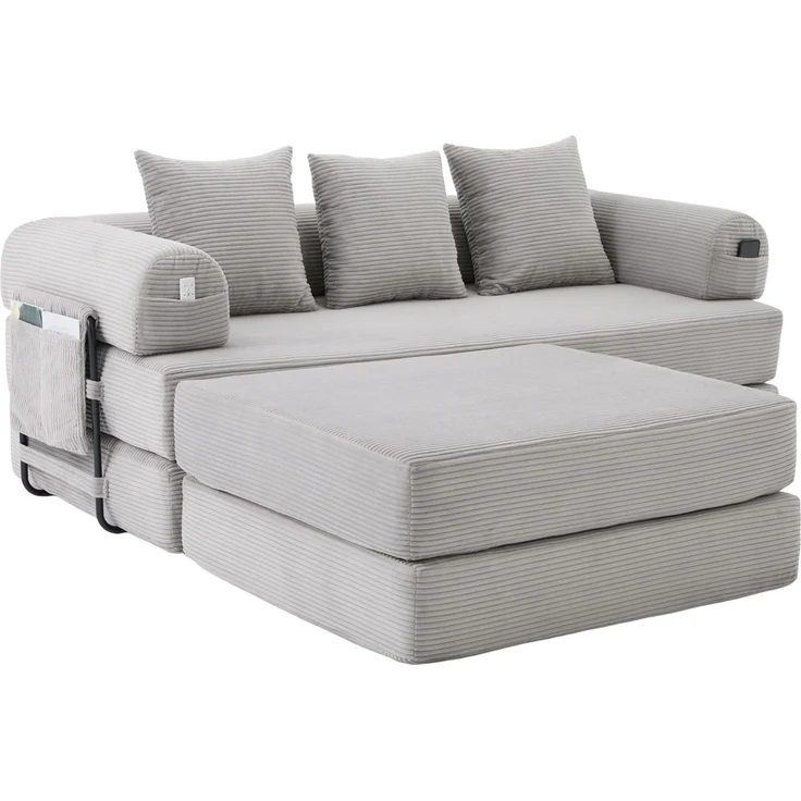 Modulares Cordsofa mit Hocker, Metallgestell & Seitentasche, 200x190x67 cm, Hellgrau – Bild 5