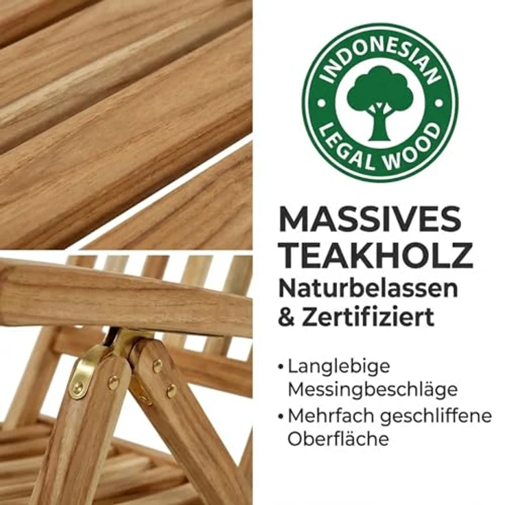 SAM Teak Holz Deckchair, Sonnenliege- Stuhl, verstellbar, geschliffen, zusammenklappbar, Balkon, Terrasse und Garten – Bild 7