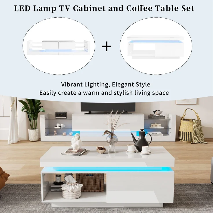 Merax TV-Wandschrank-Set, Weißes TV-Schrank + Weißes Couchtisch, Weißes Hochglanz-Wandschrank, Wohnzimmerset, Hochglanz-Set mit LED-Leuchten – Bild 3