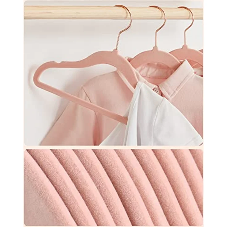 SONGMICS Kinderkleiderbügel, 50er Set Kleiderbügel Kinder, Baby-Kleiderbügel, Bügel Samt, 360° drehbarer Haken in Roségold, platzsparend, rutschfest, für Kleiderschrank, pastellrosa CRF027P01 – Bild 4