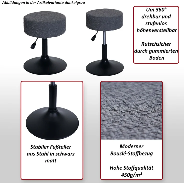 Hocker HWC-C22, Sitzhocker Schminkhocker, höhenverstellbar drehbar Ø 37cm Stoff Bouclé (450g/m²) FSC® ~ creme-weiß – Bild 2