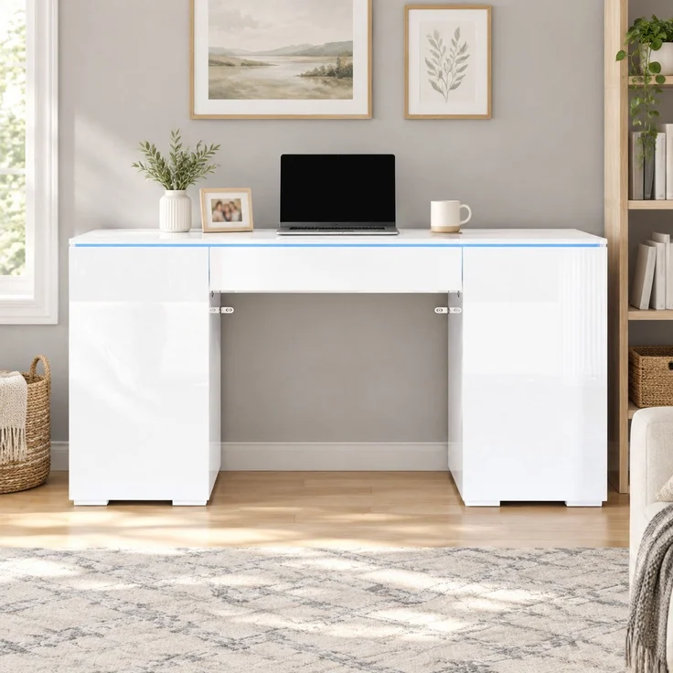 Schreibtisch aus Spanplatte mit LED-Beleuchtung und Stauraum, 140x50x78 cm, Weiß – Bild 2