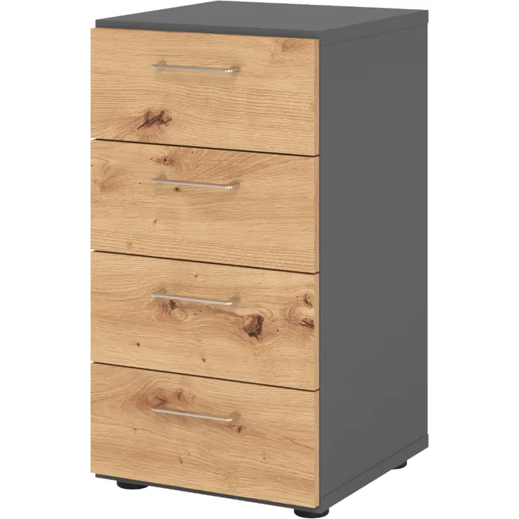 bümö smart Schubladenschrank, Büroschrank in Graphit/Asteiche mit 4 Schüben - Bürocontainer aus Holz, Container mit Metallgriffen & Soft-Stop Schubladen, 924S4-G-R-BS