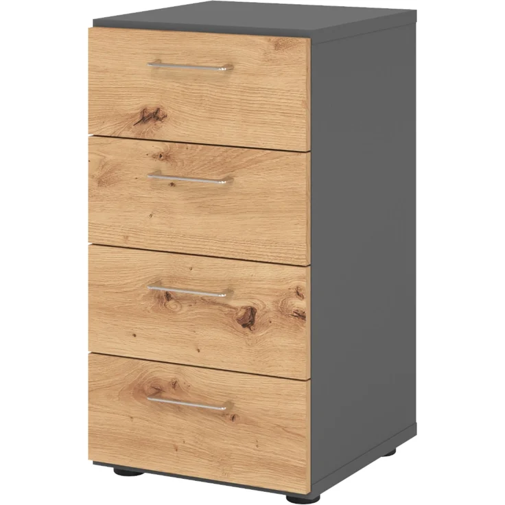 bümö smart Schubladenschrank, Büroschrank in Graphit/Asteiche mit 4 Schüben - Bürocontainer aus Holz, Container mit Metallgriffen & Soft-Stop Schubladen, 924S4-G-R-BS – Bild 1