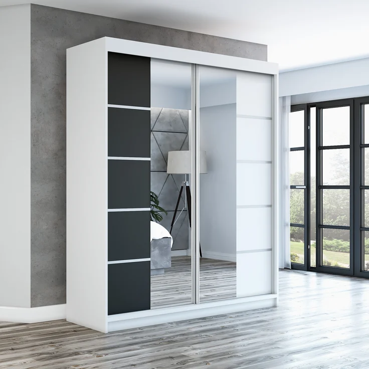 Schwebetürenschrank ERA 2-türig Schrank 180 cm (mit Spiegel) Farbe: Weiß , schwarz – Bild 2