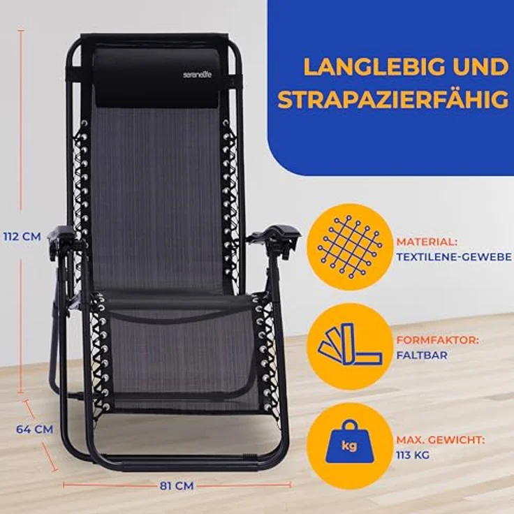 SereneLife Sonnenliege Wetterfest, Gartenliege Wetterfest zum Liegen, Loungesessel Verstellbar für Balkon, Garten, Terrasse & Camping mit Tisch, Kopfkissen & Getränkehalter, Deckchair, Gartenstuhl – Bild 3
