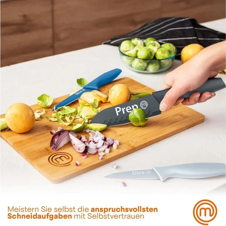 MasterChef Messerset, Küchenmesser Set ink. Kochmesser, Gemüsemesser & Schälmesser, Scharfe Messer Edelstahl, Antihaftbeschichtete, Soft-Touch-Griffe, 3-teilig, Blau, Captions – Bild 4