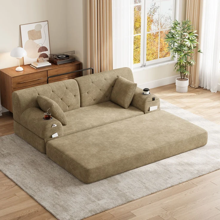 TavilaEcon 2-Sitzer Schlafsofa, komprimiertes Cord Sofa mit hoher Rückenlehne khaki 81 × 80 × 168 cm (H × T × B) – Bild 9