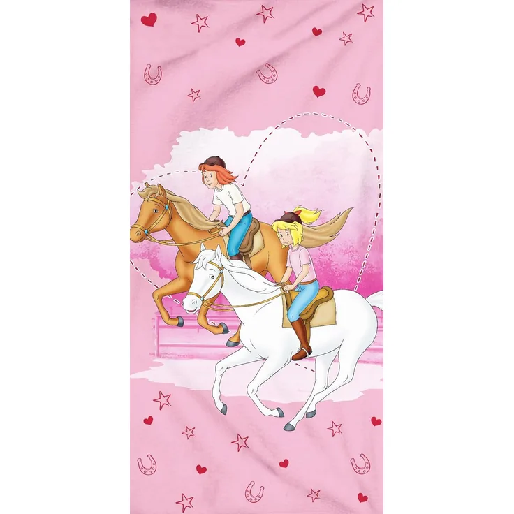 BERONAGE Bibi und Tina Kinder Badetuch 75x150 cm Freunde 100% Baumwolle Velours-Qualität Bibi Blocksberg Tina Martin Pferde Strandtuch Handtuch Strandlaken Sabrina Amadeus passend zur Bettwäsche