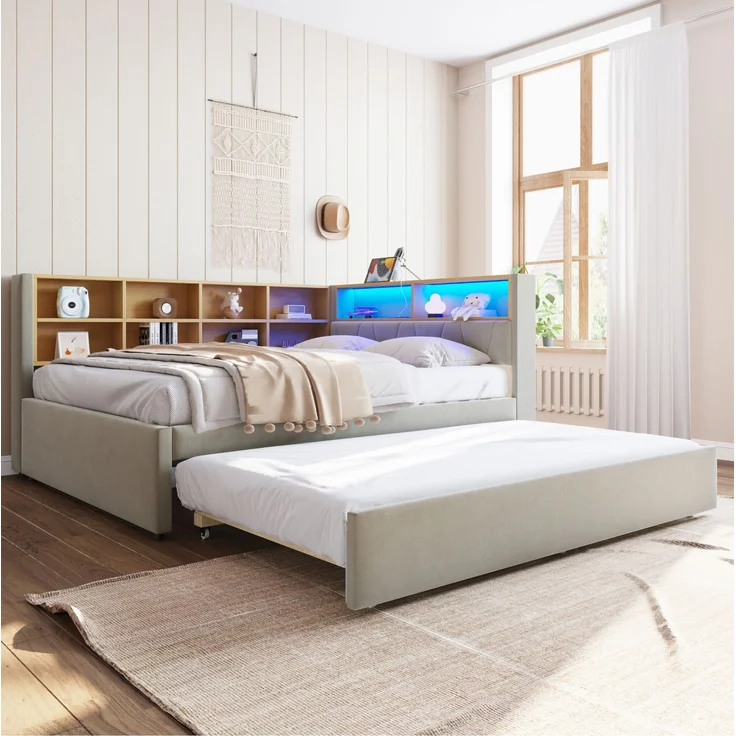 CHICFURN Bett aus Flanell Hellgrau 140x200 cm mit Ausziehbett 90x190 cm und LED-Beleuchtung – Bild 1