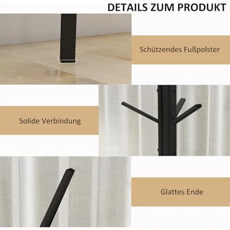 HOMCOM Garderobenständer Kleiderständer mit 8 Haken, (Kleidungsständer, 1 St, Standgarderobe), Metall, Schwarz, 45 x 45 x 180 cm – Bild 5