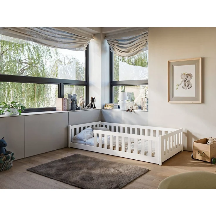 Kinderbett Bodenbett 90x200 cm Bett mit Rausfallschutz & Lattenrost Montessori Bett Bed Gitterbett Kinder Jugendbett Einzelbett | weiß Kiefer Holz massiv Junge Mädchen – Bild 4