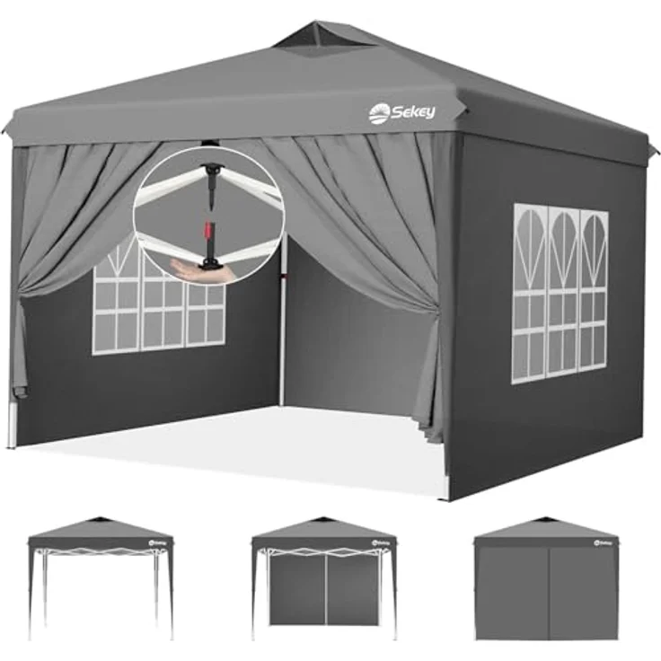 Sekey Pop Up Pavillon Wasserdicht Stabil Winterfest mit Seitenwänden, Faltpavillon 3 x 3 m, Camping Pavillion Faltbar Partyzelt mit Belüftung, Designer Serie 3x3, (Grau, 3x3 Mit Seitenwänden) – Bild 1