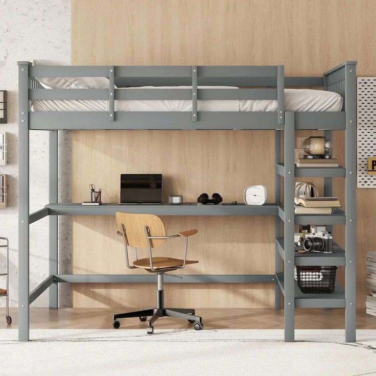 Hochbett 140x200 cm Kinderhochbett mit Schreibtisch, Ablagefächern, Kiefernholz + MDF, Grau, sichere Leiter – Bild 2