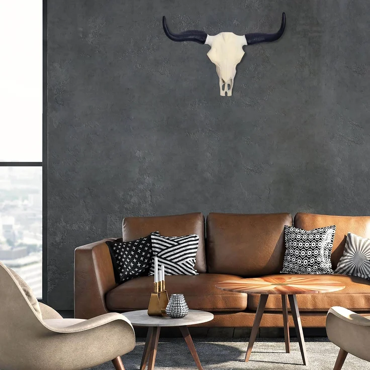 FineBuy Deko Geweih Büffel-Schädel Weiß 55,5 cm Aluminium Design Stierkopf, Wanddekoration Horn Modern, Wandskulptur mit Hörner, Geweih-Jagdtrophäe Metall, Wandschmuck Groß – Bild 2