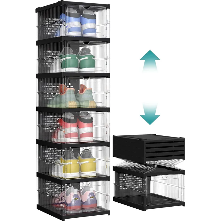 SONGMICS Schuhschrank, mit 6 Schuhboxen, integrierter Schuh-Organizer, faltbar, tragbar, für Schuhe bis Größe 46, 1-Min-Montage, transparent-tintenschwarz LSP205B01