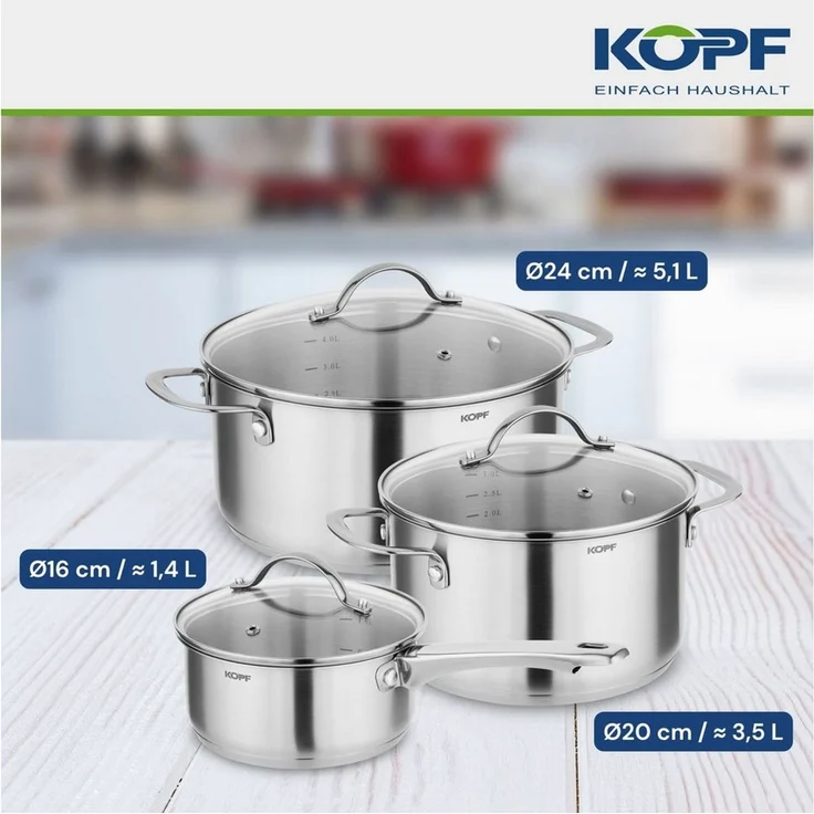 Kopf Topf-Set Clara, Edelstahl (Set, 6-tlg, 2 Kochtöpfe, Stielkasserolle, 3 Glasdeckel), Kochtopfset, Töpfe Induktion, Spülmaschinengeeignet, Backofenfest – Bild 3