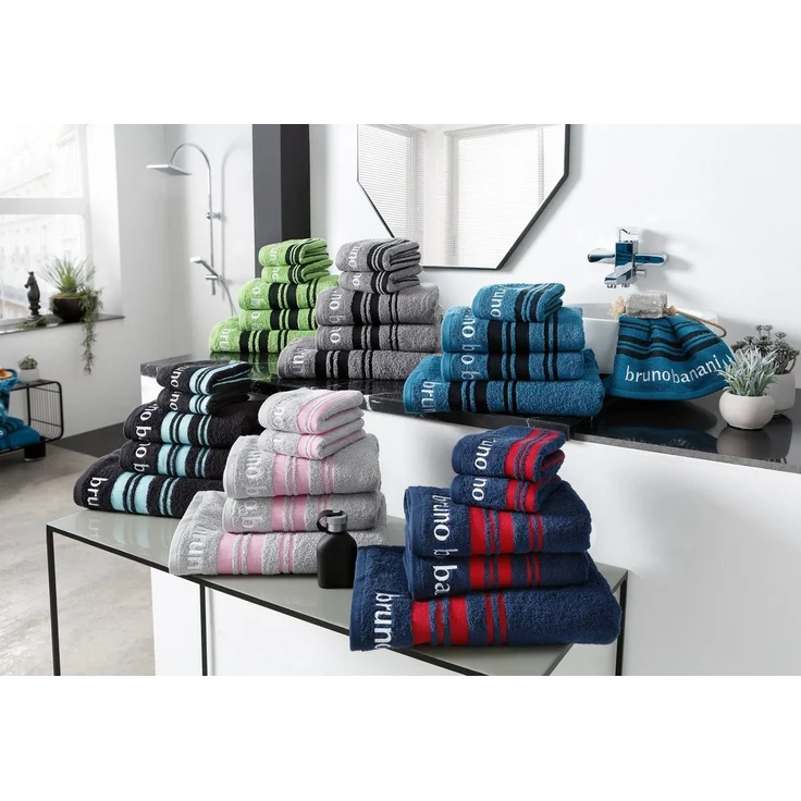 Bruno Banani Handtuch Set Daniel, 1 Duschtuch 70x140, 2 Handtücher 50x100, 2 Gästetücher 30x50, Walkfrottee (Set, 5-St), Streifen-Bordüre & Markenlogo, weich, 100% Baumwolle – Bild 2
