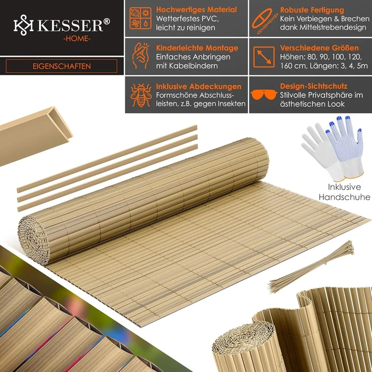 KESSER® PVC Sichtschutzmatte Sichtschutzzaun 160x300 cm | Balkonverkleidung Windschutz | verstärkte Lamellen für Garten Balkon & Terrasse | Balkonumrandung inkl. Kabelbindern & Abdeckung Bambus – Bild 2