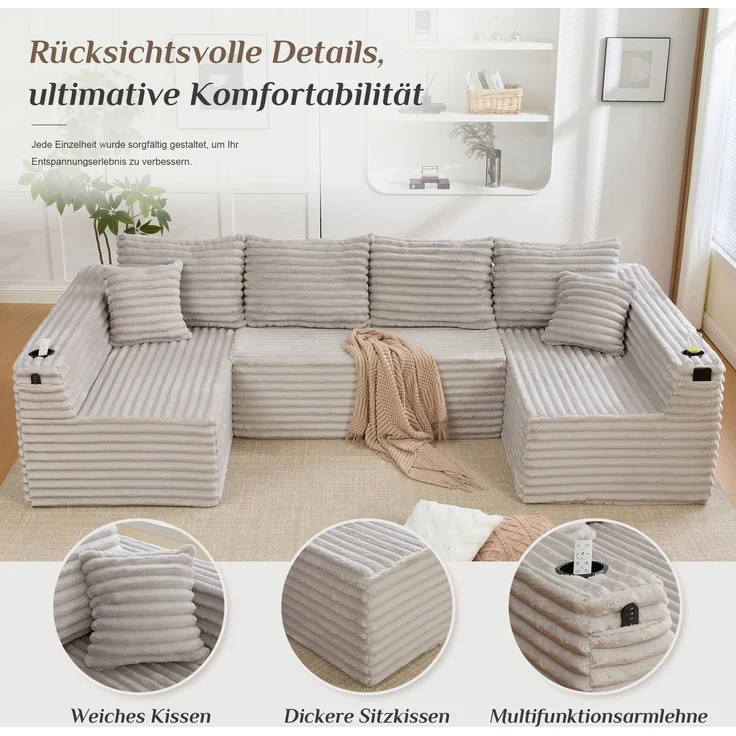 U-Sofa 320 x 155 x 88 cm aus Cord in Hellgrau – modulares Sofa mit Getränkehalter und Seitentasche – Bild 7