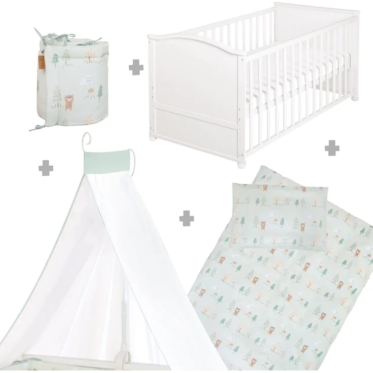 roba Babybett 70 x 140 cm Woodland Buddies - Umbaubares Kinderbett mit Zubehör - Inkl. Matratze, Himmel & Nestchen für Babys & Kleinkinder - Bettwäsche-Set 100x135 cm - Weiß / Grün – Bild 3