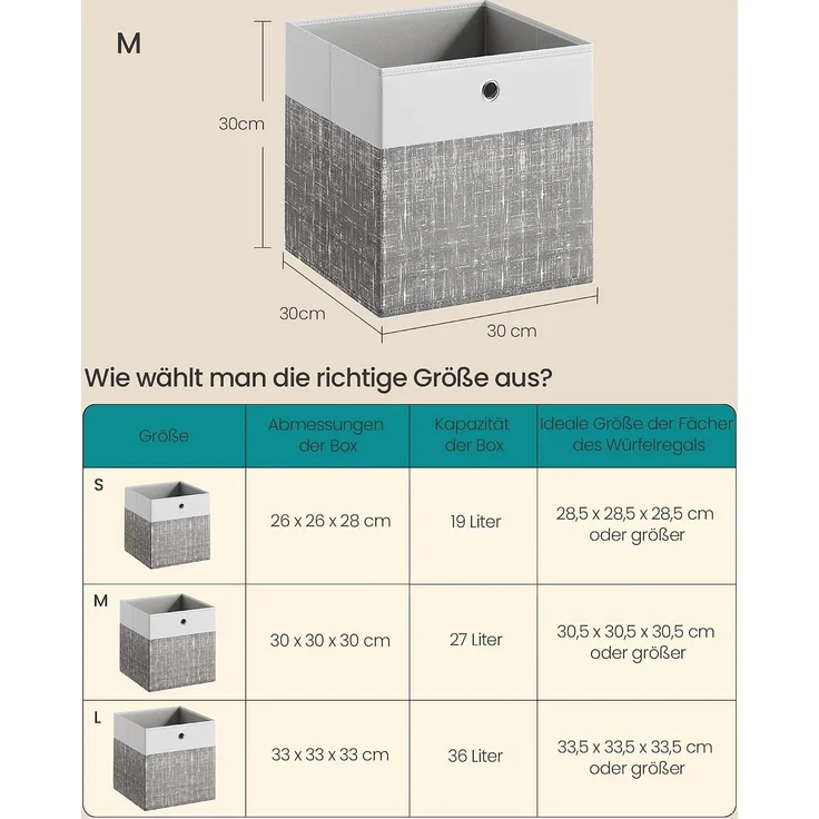 SONGMICS Aufbewahrungskörbe, 6er Set, faltbare Stoffboxen mit PP-Platten, für Regal, 30 x 30 x 30 cm, weiß-grau – Bild 4