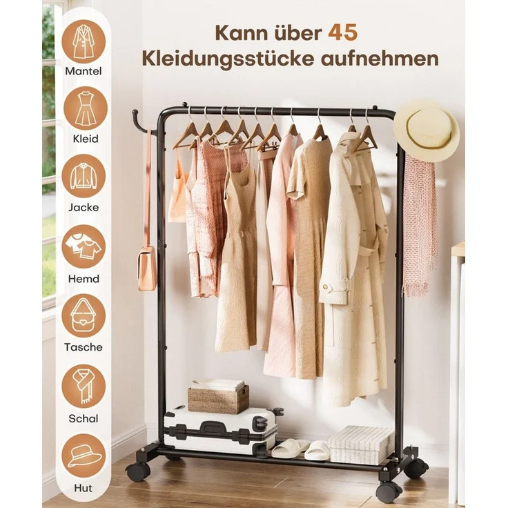 Yorbay Kleiderständer Garderobenständer auf Rollen, bis 50 kg belastbar, platzsparend, 94cm breit, Schwarz – Bild 2