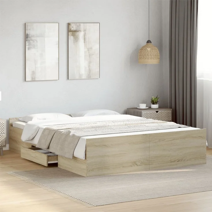 vidaXL Bettgestell mit Schubladen Sonoma-Eiche 150x200cm Holzwerkstoff 3280288 – Bild 1