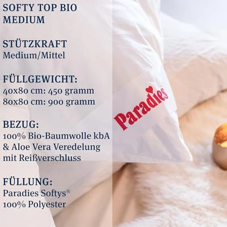 Paradies Kopfkissen Softy Top Bio, Füllung: 100% Polyester, Bezug: 100% Bio-Baumwolle, Bauchschläfer, Seitenschläfer, Rückenschläfer, hergestellt in Deutschland, Füllmengenanpassung durch Reißverschluss – Bild 4