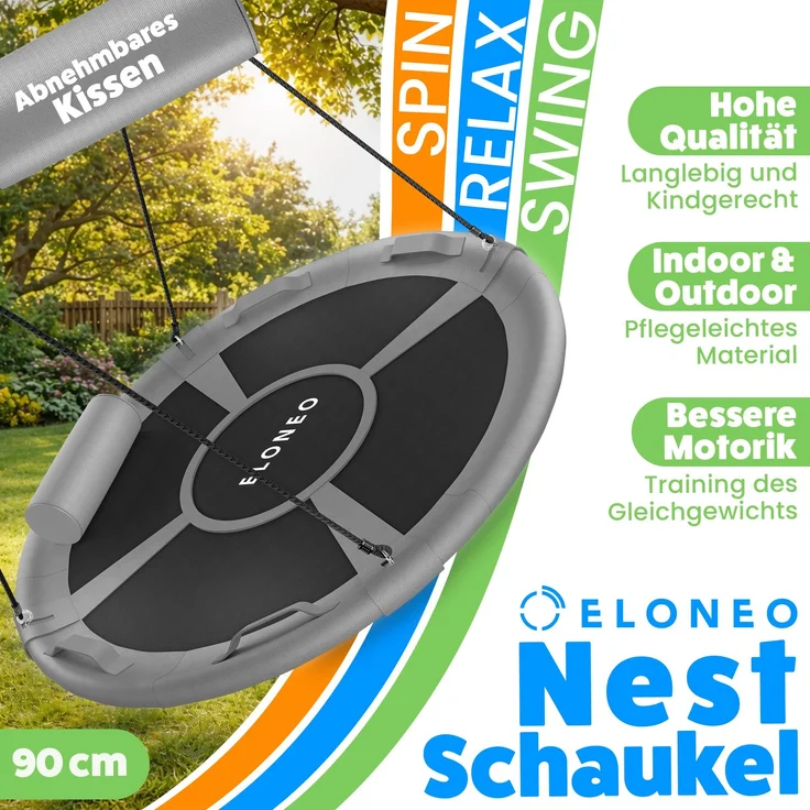 ELONEO Nestschaukel Outdoor & Indoor mit 90 oder 120 cm Durchmesser, Tellerschaukel, höhenverstellbare Hängeschaukel inkl. Kissen, Griffen und Zubehör-Set, Grau - 90cm – Bild 2