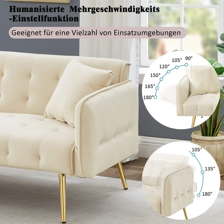 Zweisitzer-Sofabett, verstellbare Rückenlehnen & Armlehnen, Velours, beige, 178x82x70 cm – Bild 7