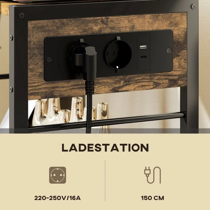 HOMCOM Aktenschrank mit Rollen, Steckdosen, USB- und USB-C-Anschlüsse (Druckeregal, 1-St, Druckerständer) bis 40 kg, für Büro Arbeitszimmer 42 x 28 x 64,5 cm Rustikalbraun – Bild 3
