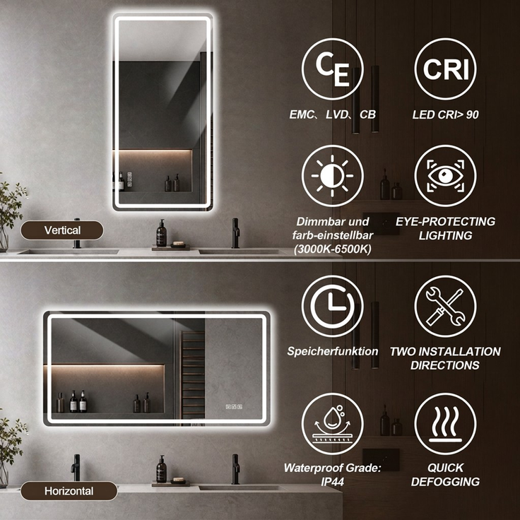 60×100cm Rahmenloser LED Badezimmerspiegel mit Mattierter Frontbeleuchtung, Anti-Beschlag, 3 Lichtfarben, Stufenlos Dimmbar, Memory-Funktion, Horizontal & Vertikal Montierbar, IP44 Wasserdicht--Silber--100x60x2.9cm--YOUDENOVA – Bild 7