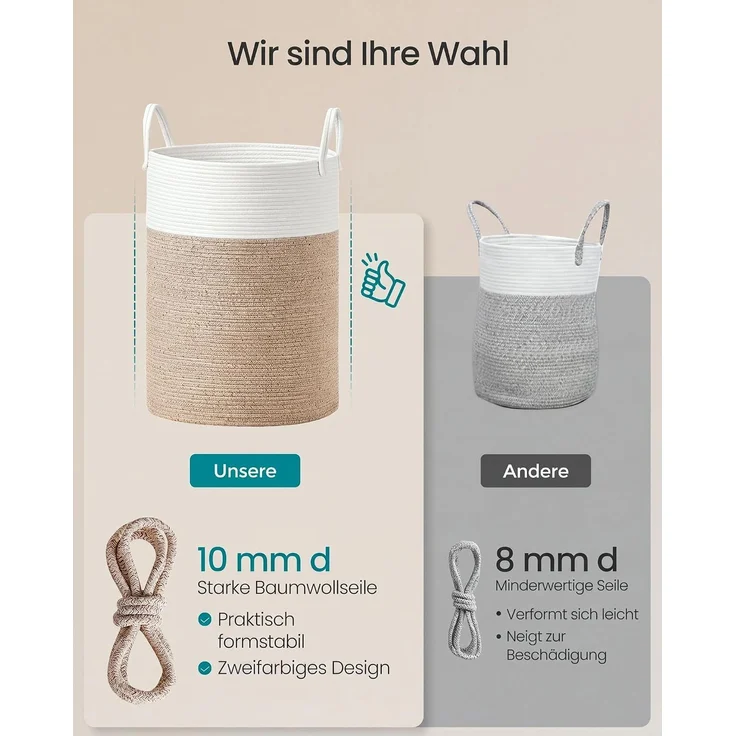 SONGMICS Wäschekorb, 80 L Wäschesammler für Kinder, Baumwollseil, mit Henkel, für Kinderzimmer, weiß-graubraun – Bild 4