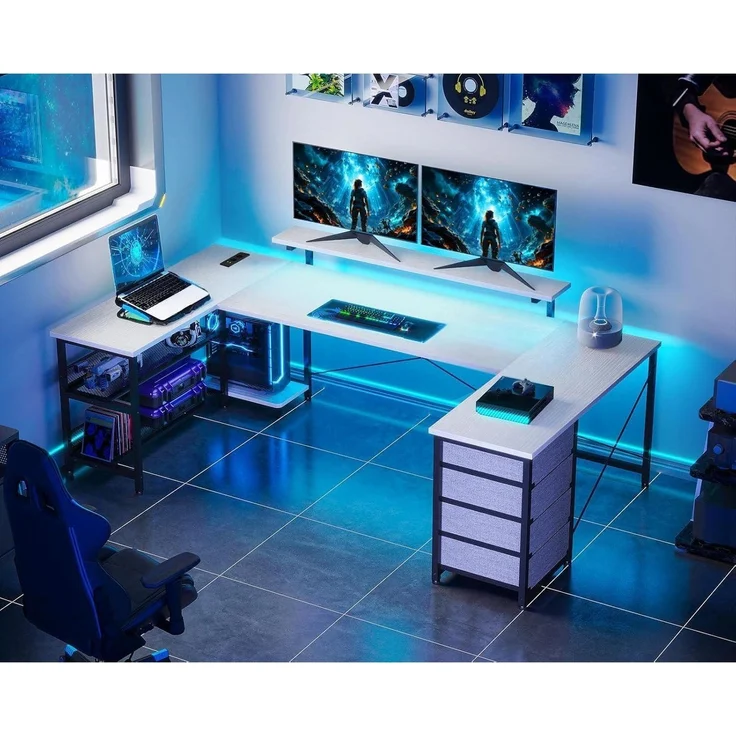 ODK Eckschreibtisch 4 Schubladen Stauraum, Steckdosen USB, Gaming Schreibtisch – Bild 2