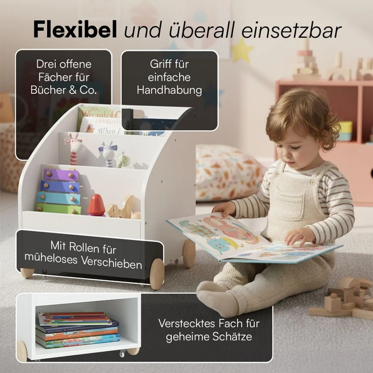 Bellabino 'Towy' Kinderbücherregal, weiß, 43x40x43 cm, Holz, Spielzeugregal mit 3 Ablagefächern und Geheimfach – Bild 5