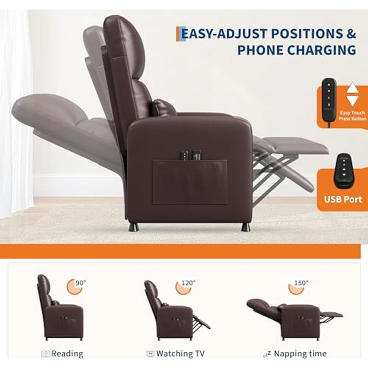 GarveeHome Fernsehsessel Elektrisch Relaxsessel Ruhesessel, massagesessel mit wärmefunktion, Verstellbarer Fernsehsessel mit Fußstütze, Einzelsofa,für Wohnzimmer, Schlafzimmer oder Büro – Bild 6
