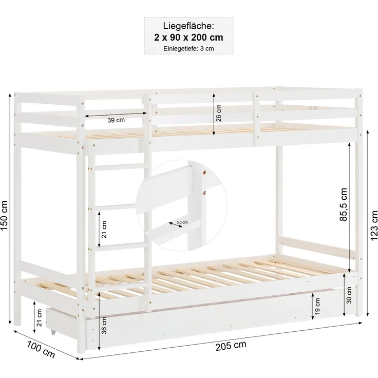 Etagenbett Kinder 90x200 mit Matratzen und Bettkasten Doppelstockbett Hochbett Stockbett Kinderbett, Weiß