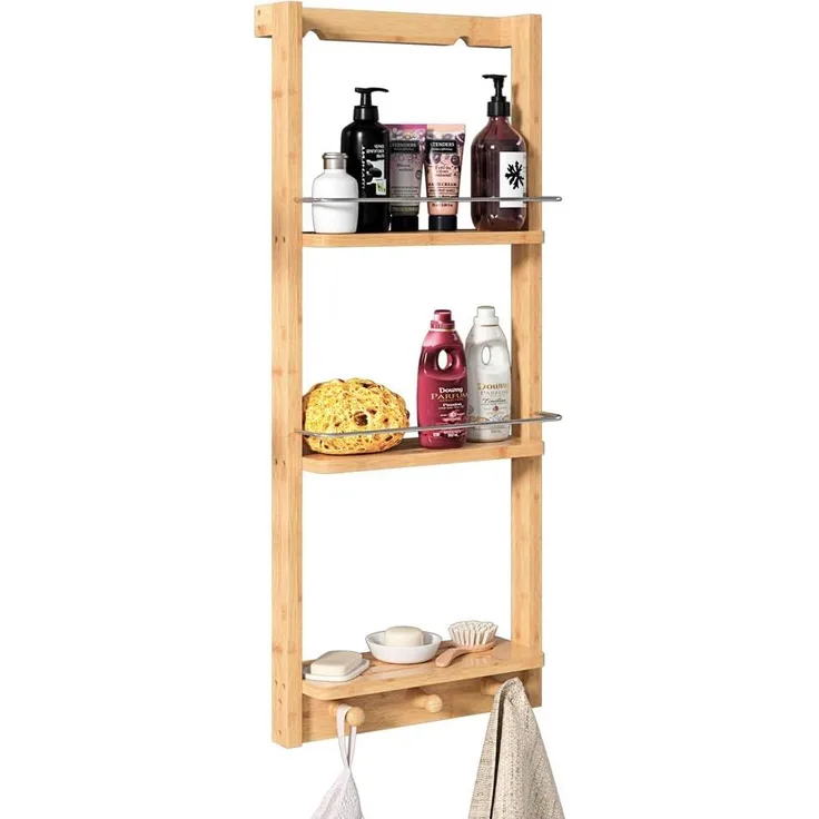 Casaria Badregal mit 3 Böden und 3 Haken, Bambus natur, 28,5 x 70 x 10 cm