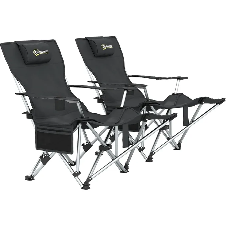 Outsunny Klappstuhl mit abnehmbar Fußstütze, Getränkehalter, Kopfstütze (2er Set faltbar Campingstuhl, 2 St), belastbar 120 kg, für Erwachsene